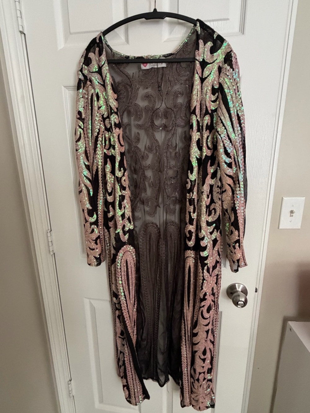 Sequin Embellished Long Open Duster - Black with Iridescent Pink Sequins
